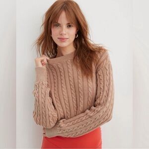 Aerie 100% Cotton Mini Cable Cropped Sweater Women L Pink Tan Cable Knit